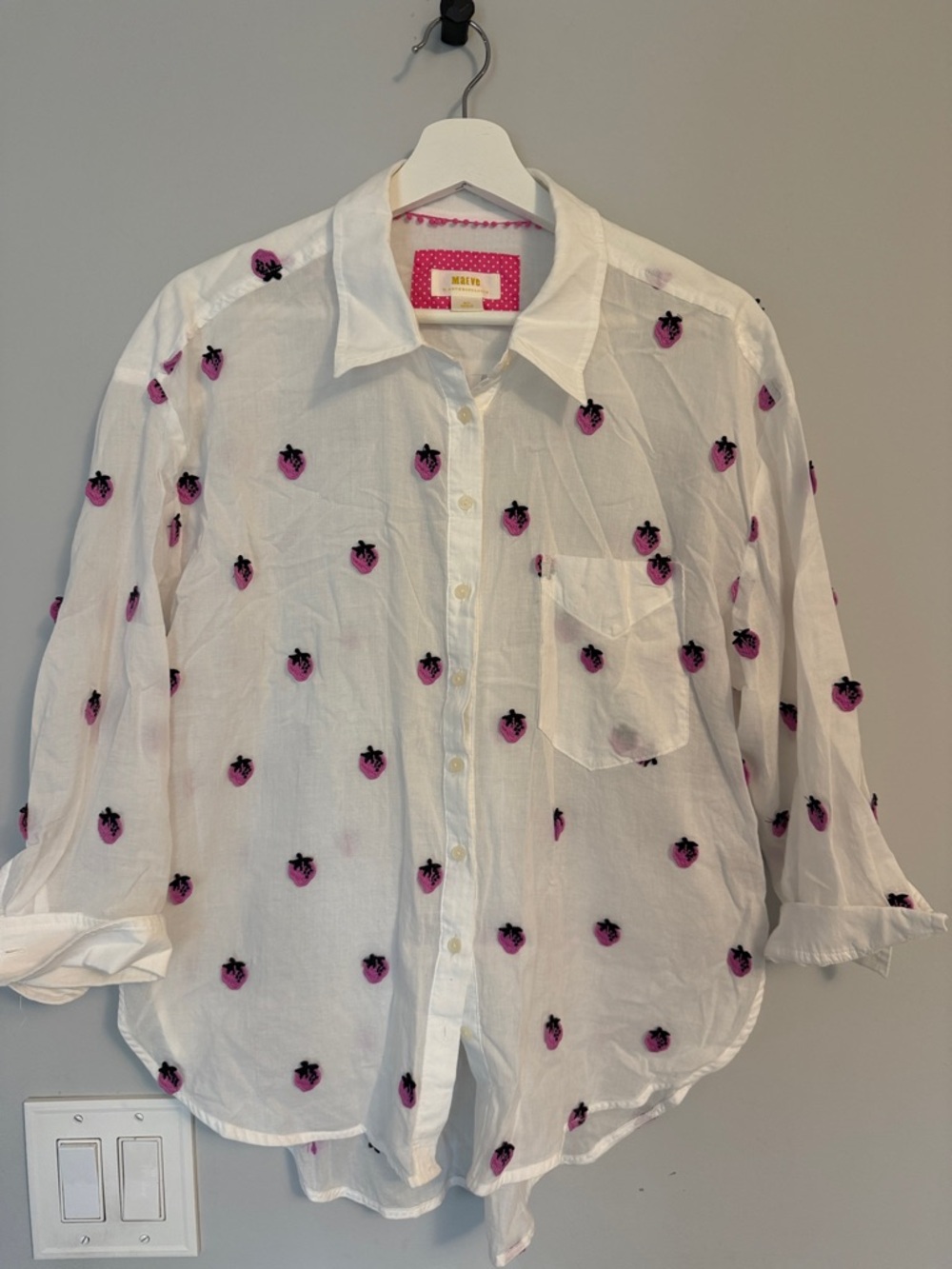 Maeve White Button-Up Blouse with Pink Strawberry Embroidery